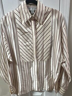 Starington 100% silk Cream and Burgundy Striped Button-Front Blouse (mix42)